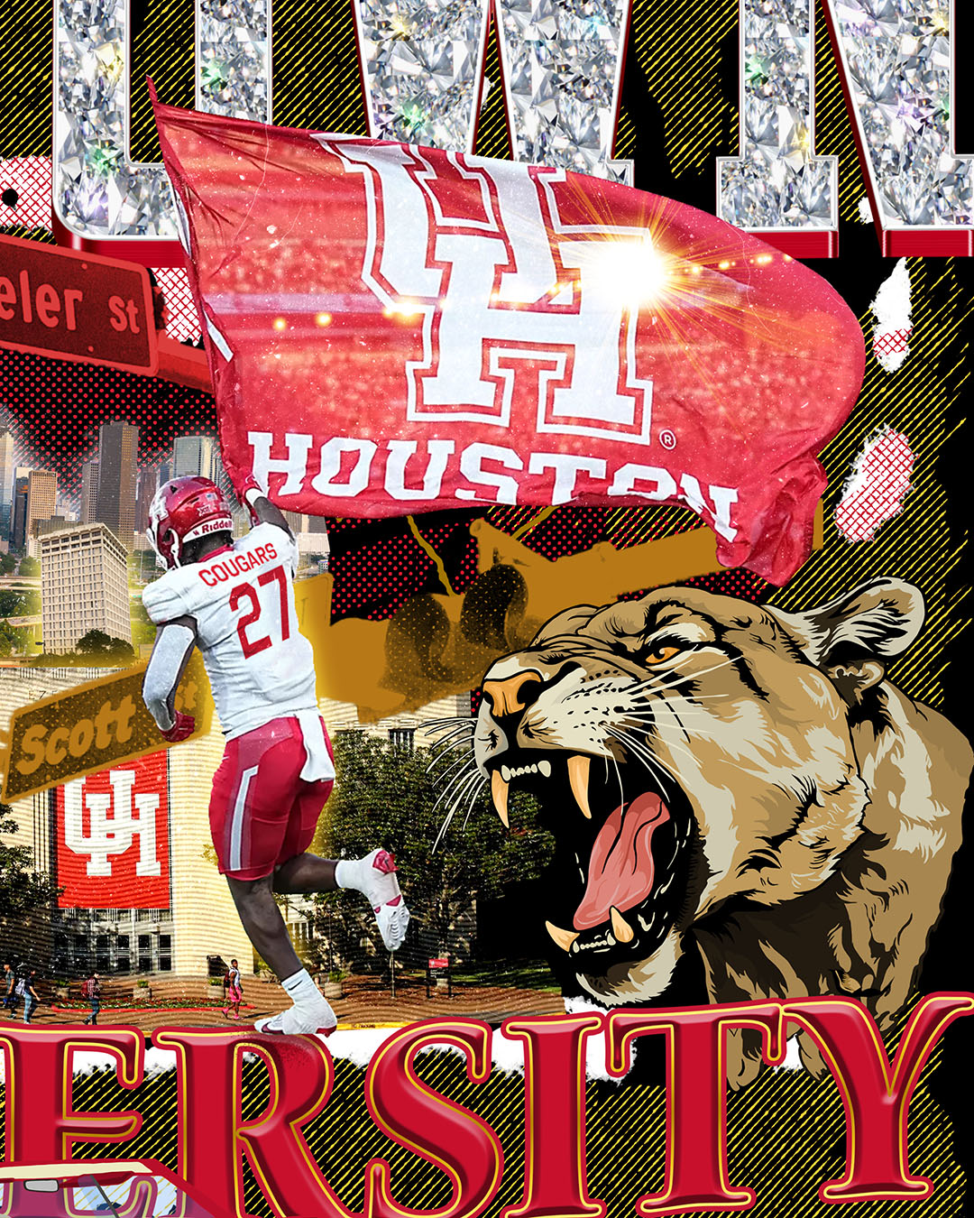 A vibrant HTOWN University graphic collage with "H-TOWN" text in diamonds, Cougar mascot, players, city skyline, and classic lowrider in a vibrant collage design.