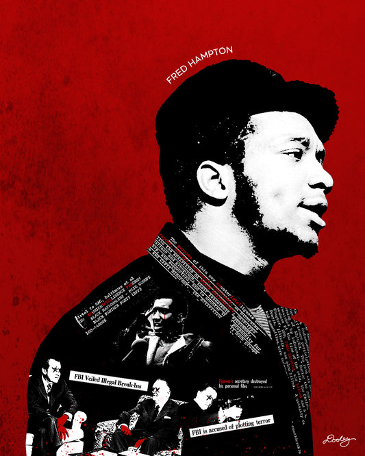 A red, black and white Fred Hampton artwork depicting the FBI’s nefarious “Cointel-Pro” program and their pursuit and assassination of Black Political Leaders.