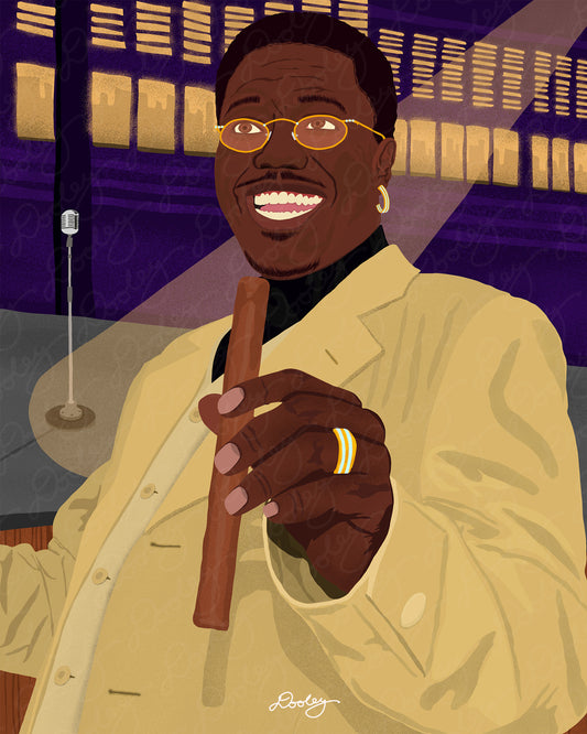 A beautiful illustration of Bernie Mac holding a cigar standing in front of the famous Def Comedy Jam stage set