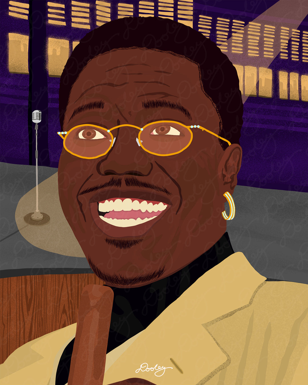 A beautifully illustrated photo pf Bernie Mac standing in front of the famous Def Comedy Jam stage set.