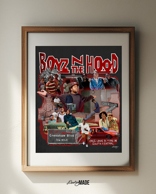 A premium Boyz N The Hood artwork print wall decor featuring a detailed collage of restored scenes and characters from the iconic 90s movie in a brown picture frame on a eggshell wall. A perfect art piece to add life to a space.