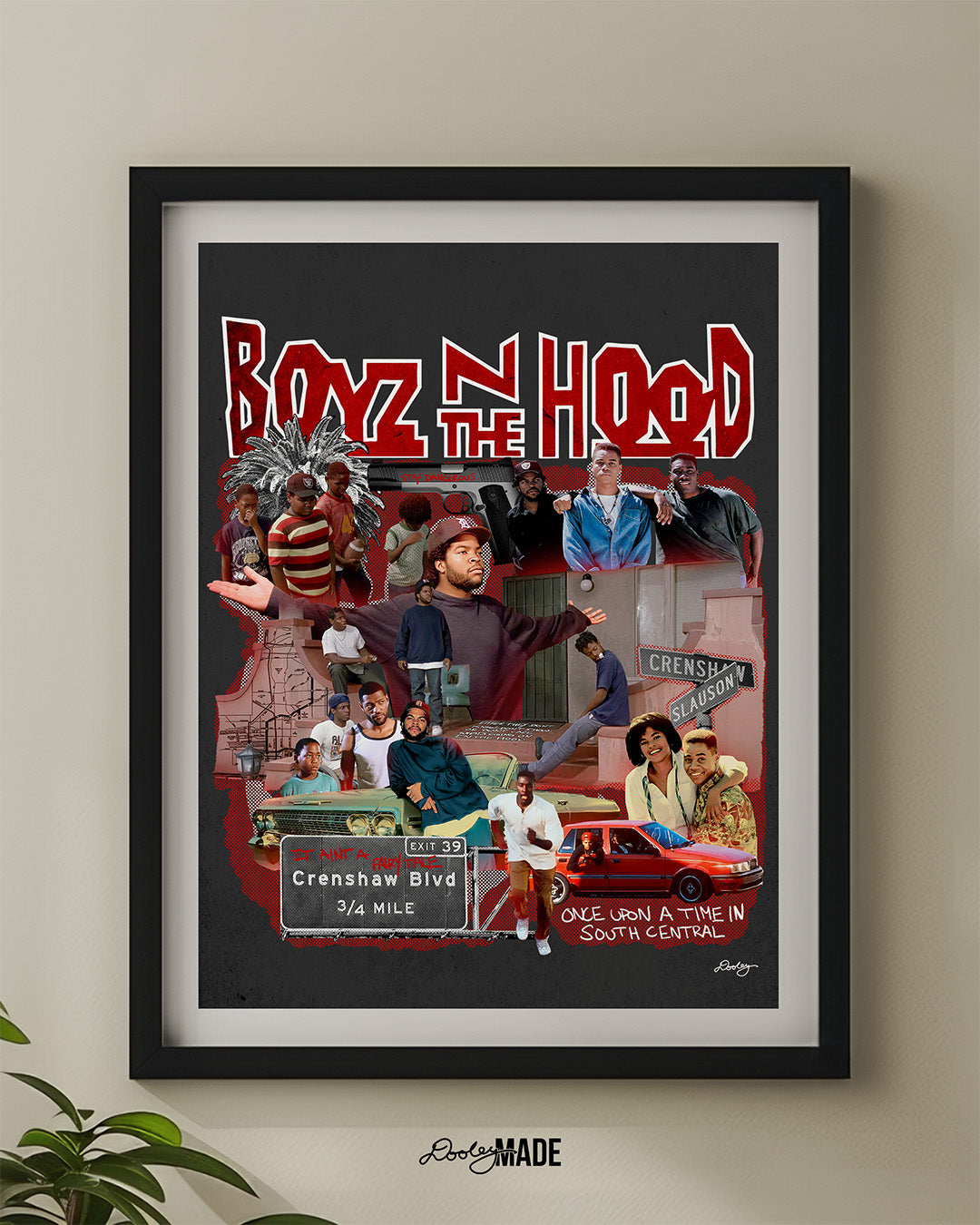 A premium Boyz N The Hood artwork print wall decor featuring a detailed collage of restored scenes and characters from the iconic 90s movie in a black picture frame on a eggshell wall. A perfect art piece to add life to a space.