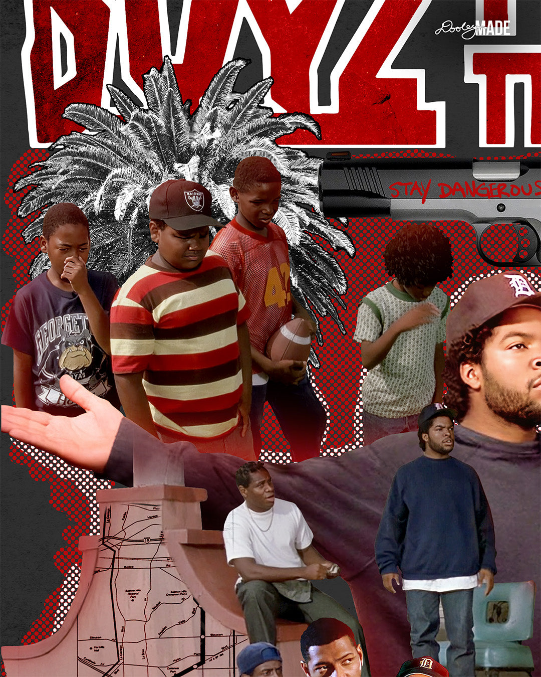 Boyz N The Hood themed black premium graphic t-shirt featuring a detailed collage of restored scenes and characters from the 90's, with main characters as kids looking at a dead body as Tre holds his nose. A gun is pointed at Ricky foreshadowing his death at the end of the film.