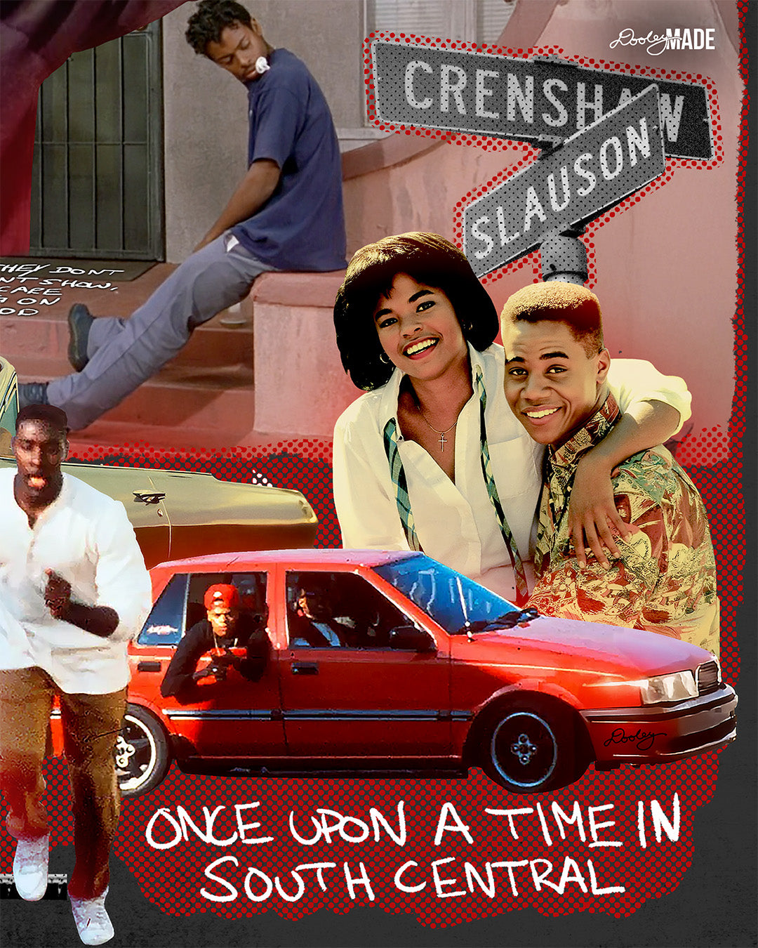 Black premium Boyz N The Hood graphic t-shirt featuring a collage of 90s movie moments: a Crenshaw & Slauson street sign, Tre (Cuba Gooding Jr.) embracing Brandi (Nia Long), and the drive-by scene of Ricky running, with “once upon a time in South Central” text.