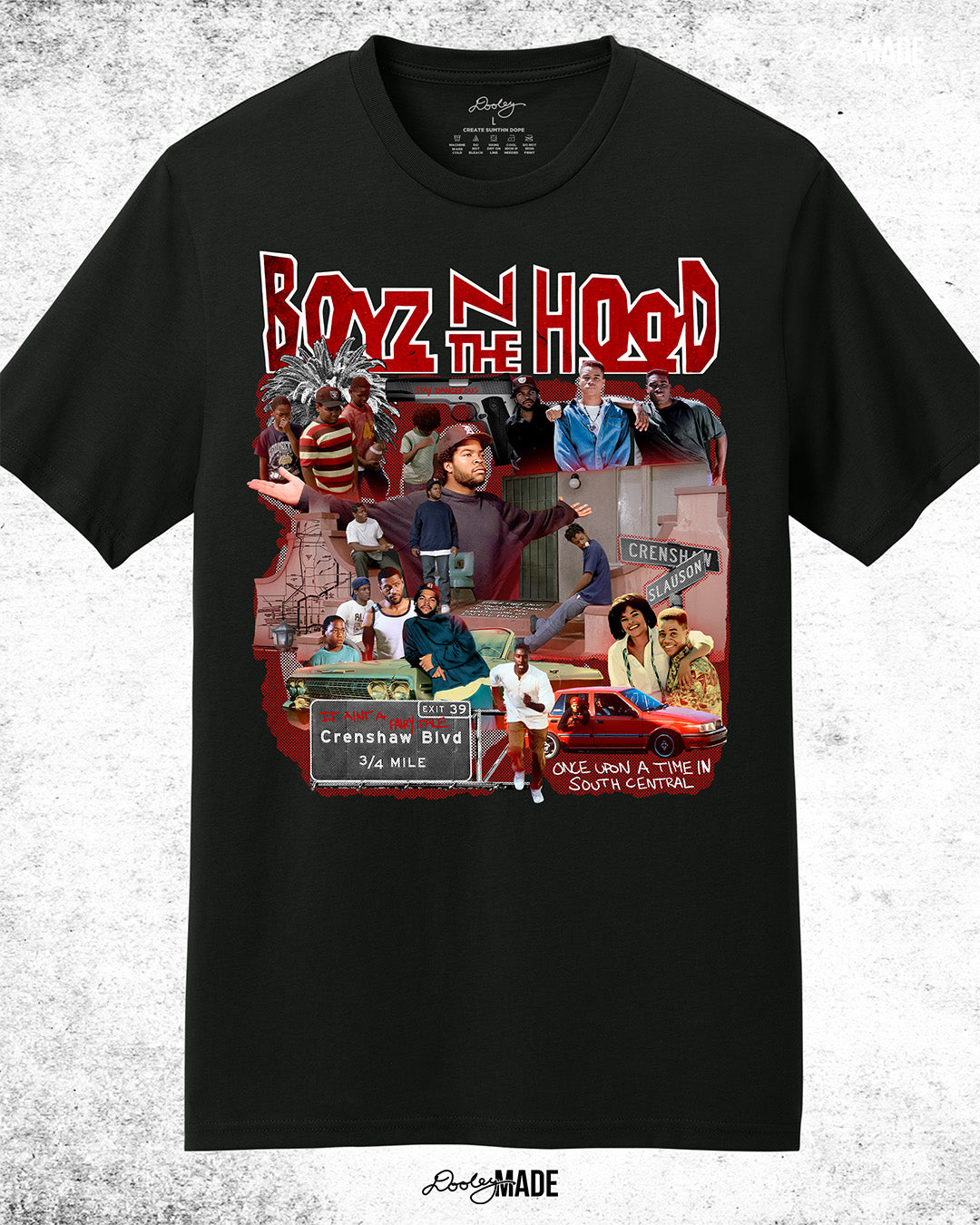 An image of a Boyz N The Hood themed black premium shirt featuring a collage of notable scenes and characters from the 90's hit movie. Images have been restored to add details. Shop now!
