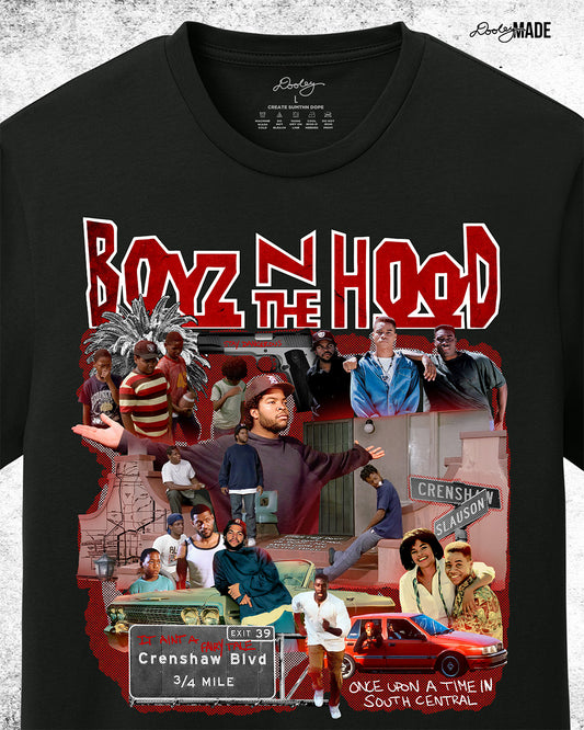 Black premium Boyz N The Hood graphic t-shirt featuring a detailed collage of restored scenes and characters from the iconic 90s movie. Perfect streetwear tee.