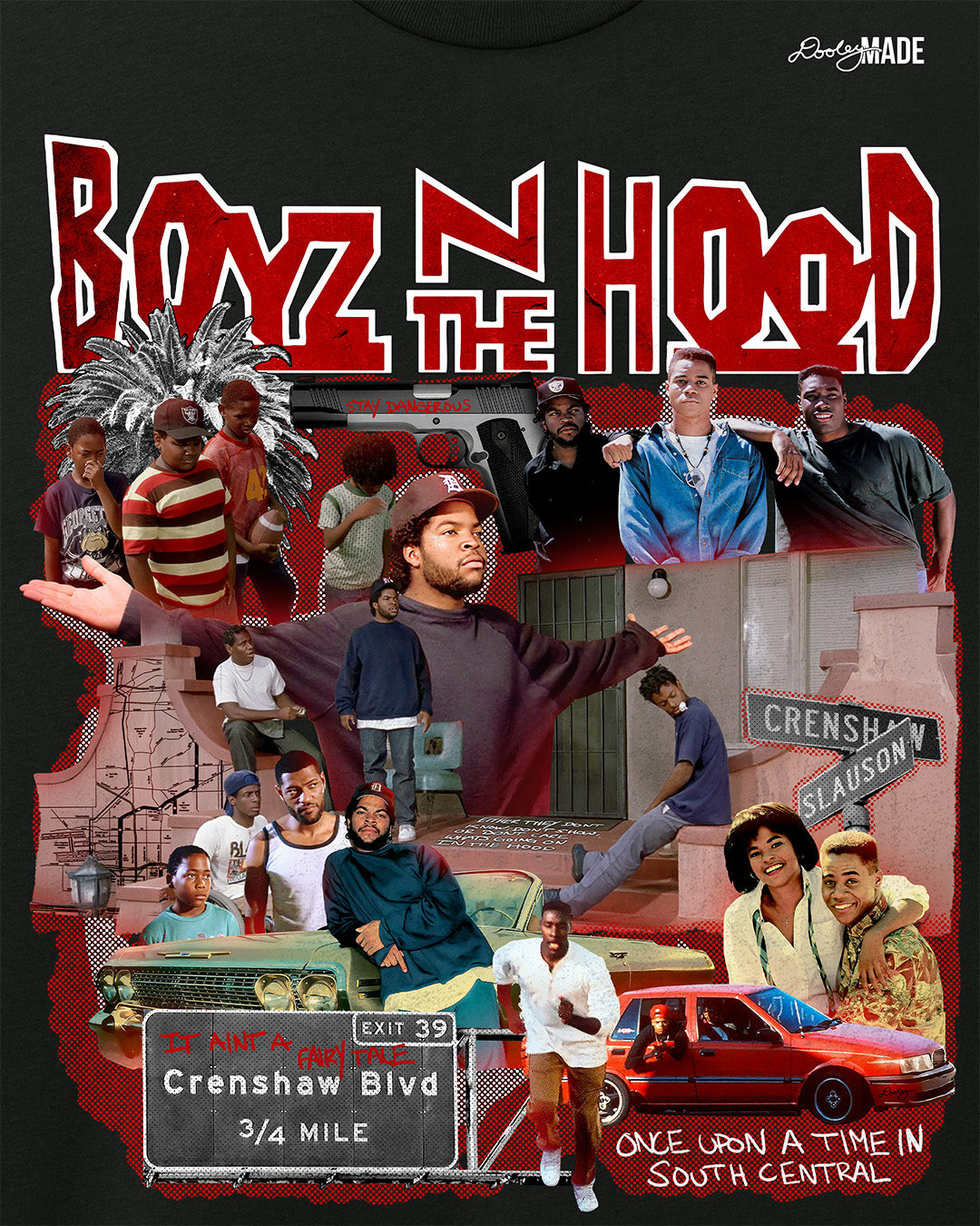 Boyz N The Hood themed black premium graphic t-shirt featuring a collage of scenes and characters from the 90's movie restored to add details.