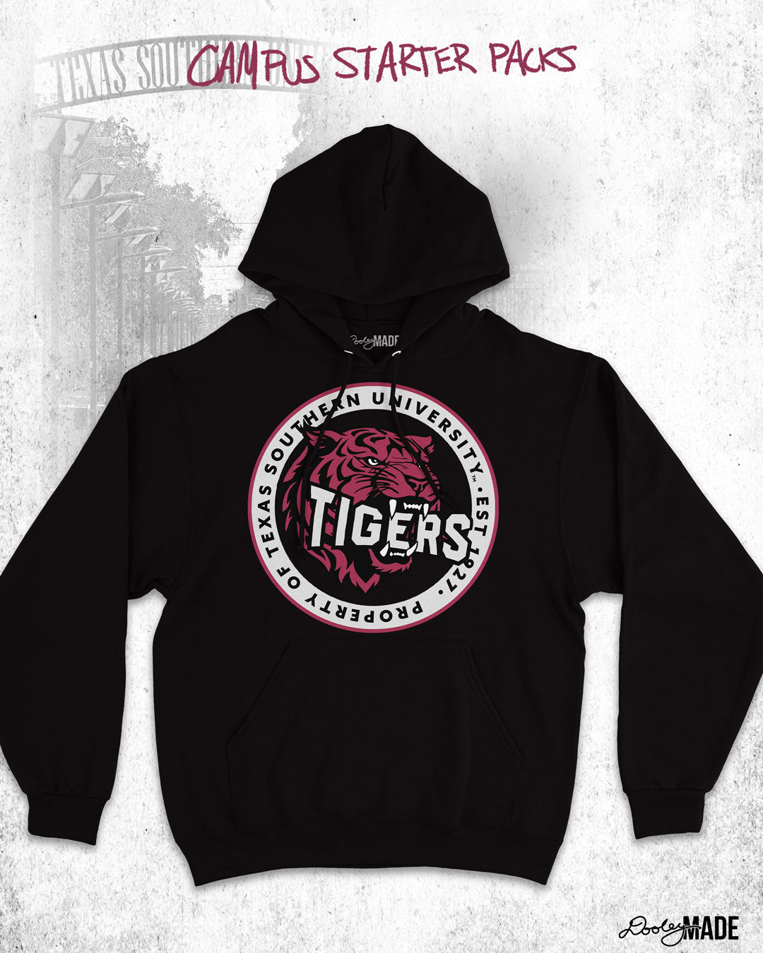 Black Texas Southern University hoodie with circular emblem featuring stylized tiger head, “TIGERS,” and “Property of Texas Southern University – Est. 1947.” Background includes “Campus Starter Packs” text and Dooley Made logo, ideal HBCU apparel and college graphic hoodie.