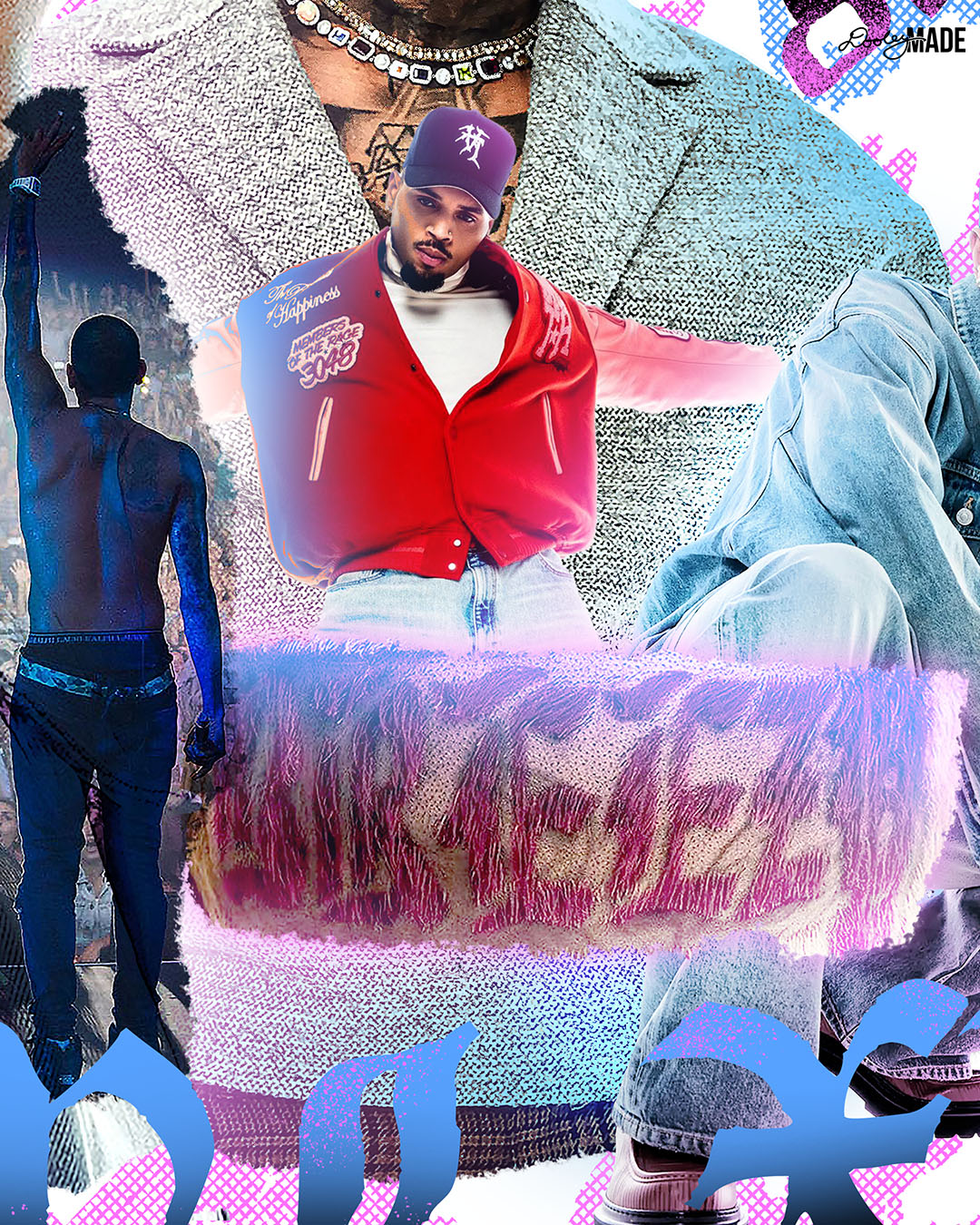 Image of a collage graphic showing the lower middle details of a Chris Brown Breezy Bowl XX shirt. It is with a pink, blue, and white graphic that says 'Breezy Bowl XX,' 'Chris Brown World Word Tour' and '20 Years.' The graphic also features a collection of stylized Chris Brown photos with pink and blue highlights.