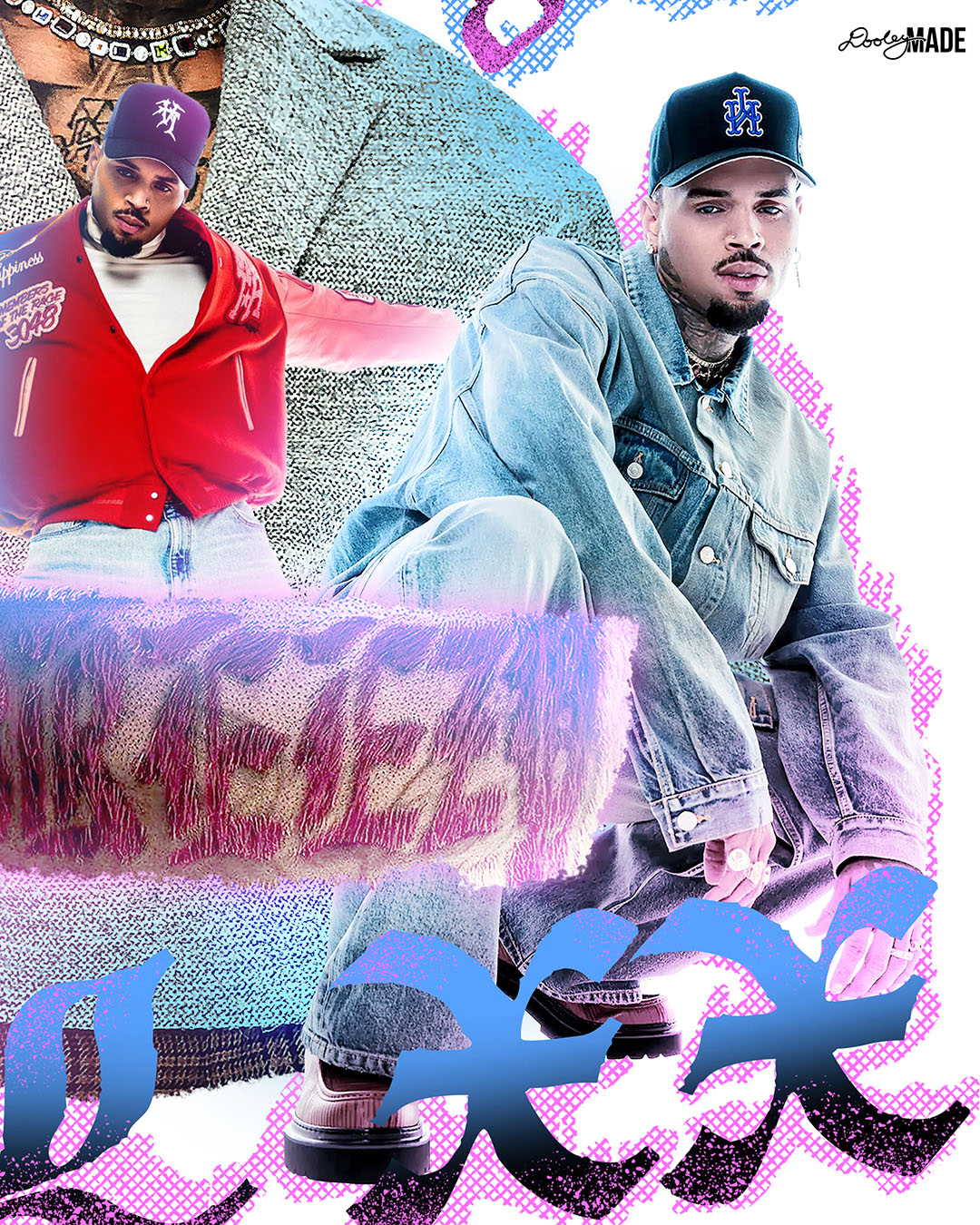 Image of a collage graphic showing the right side details of a Chris Brown Breezy Bowl XX shirt. It is with a pink, blue, and white graphic that says 'Breezy Bowl XX,' 'Chris Brown World Word Tour' and '20 Years.' The graphic also features a collection of stylized Chris Brown photos with pink and blue highlights.