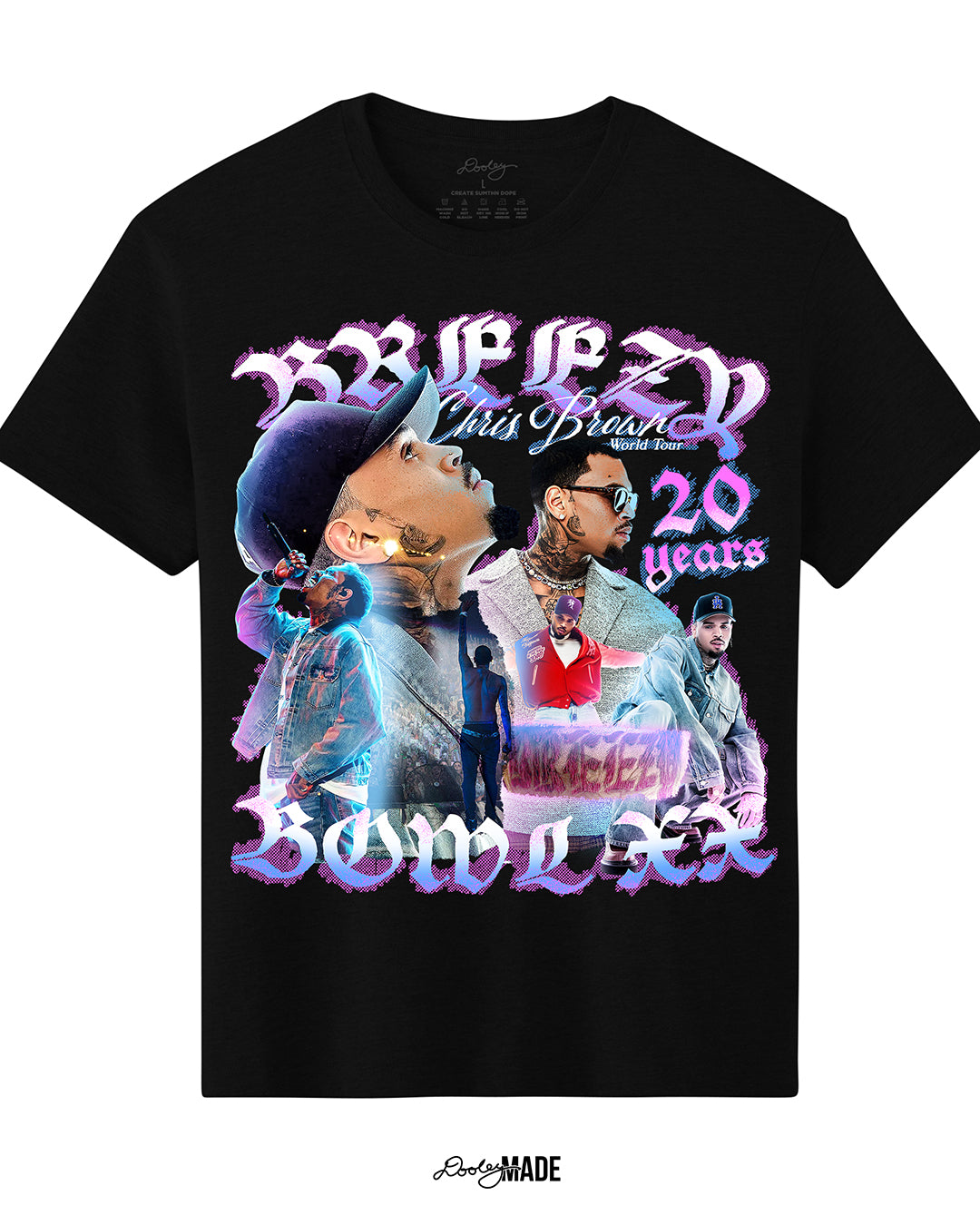 A black oversized heavyweight t-shirt with a pink, blue, and white graphic that says 'Breezy Bowl XX,' 'Chris Brown World Word Tour' and '20 Years.' The graphic also features a collection of stylized Chris Brown photos with pink and blue highlights.