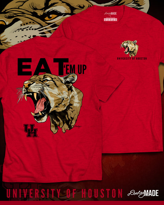 The back and front of a heather red University of Houston shirt featuring a large roaring cougar printed on the back with the words "Eat 'Em Up" above it in a bold font, and the UH logo underneath to the left.  The front features a roaring cougar printed on the left chest with the words "University of Houston" underneath in a rough, jagged san serif font.