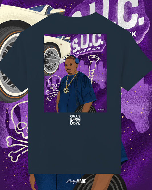 A premium navy shirt with an illustration of Houston DJ Screw, a prominent figure in the hip-hop community, on the back.DJ Screw is depicted wearing headphones and a large gold chain with the "Screwed Up Click" medallion. The background features the acronym "S.U.C." (Screwed Up Click) in large letters, along with a white Cadillac with custom wire wheels, a screw, and a skull and crossbones symbol. The backdrop is a deep purple night sky with a city skyline silhouette, enhancing the urban and musical themes.