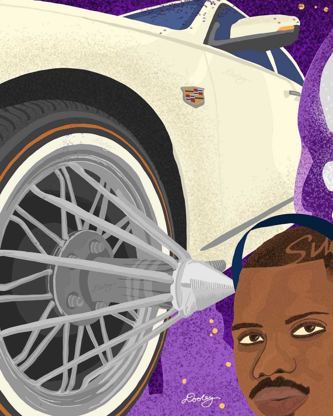 An illustration of DJ Screw pictured next to a pearl colored Cadillac with swangers and adapters. Image shows a portion of a DJ Screw Artwork print.