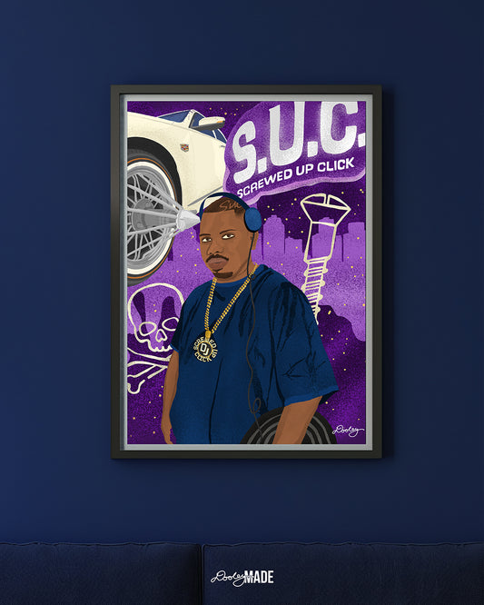 A framed illustration of Houston DJ Screw, a prominent figure in the hip-hop community. DJ Screw is depicted wearing headphones and a large gold chain with the "Screwed Up Click" medallion. The background features the acronym "S.U.C." (Screwed Up Click) in large letters, along with a white Cadillac with custom wire wheels, a screw, and a skull and crossbones symbol. The backdrop is a deep purple night sky with a city skyline silhouette, enhancing the urban and musical themes.