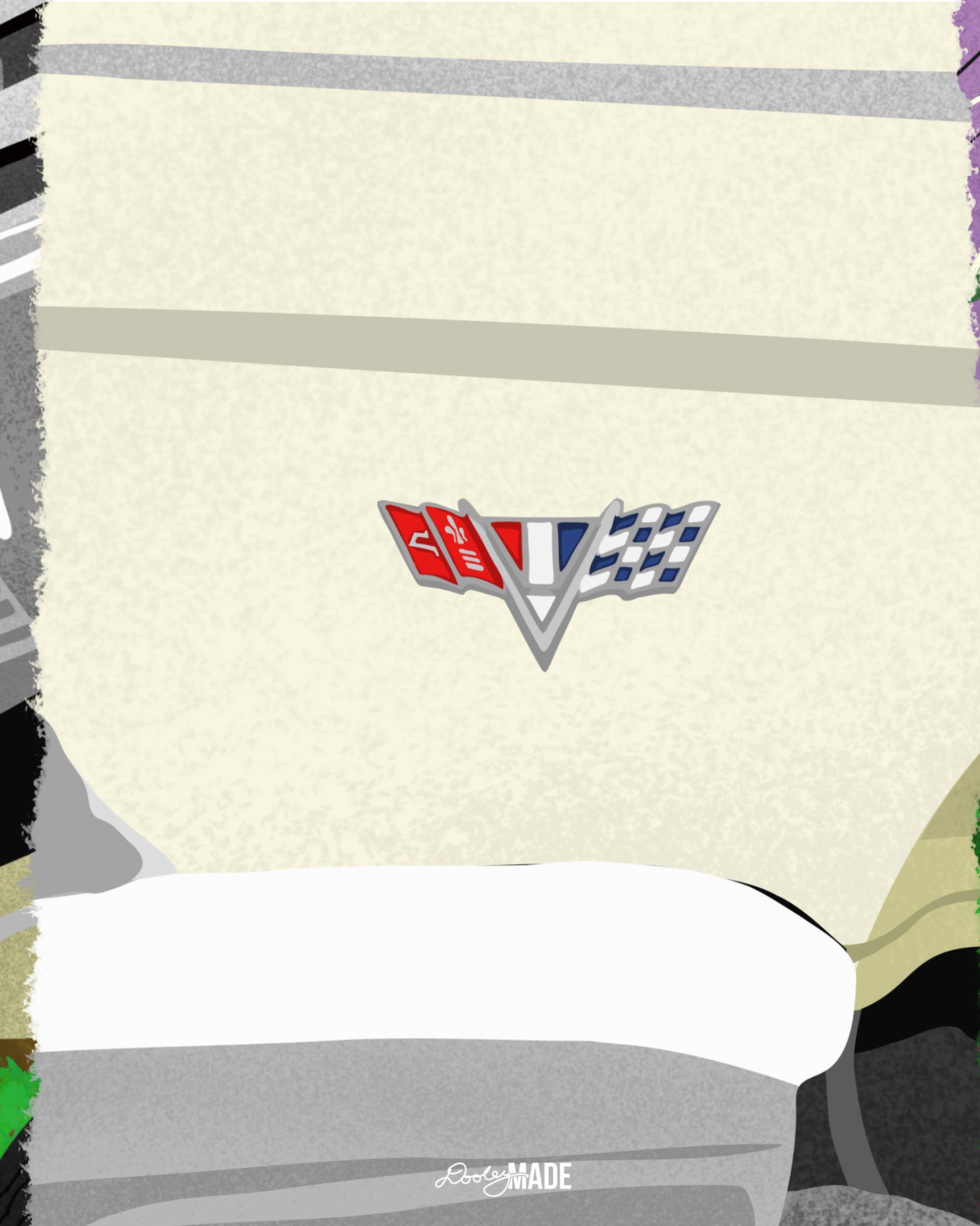 An image showing illustration details of The Dallas Concrete Rose Collection featuring a by Dre Dooley of a classic 1964 Chevy Impala lowrider emblem