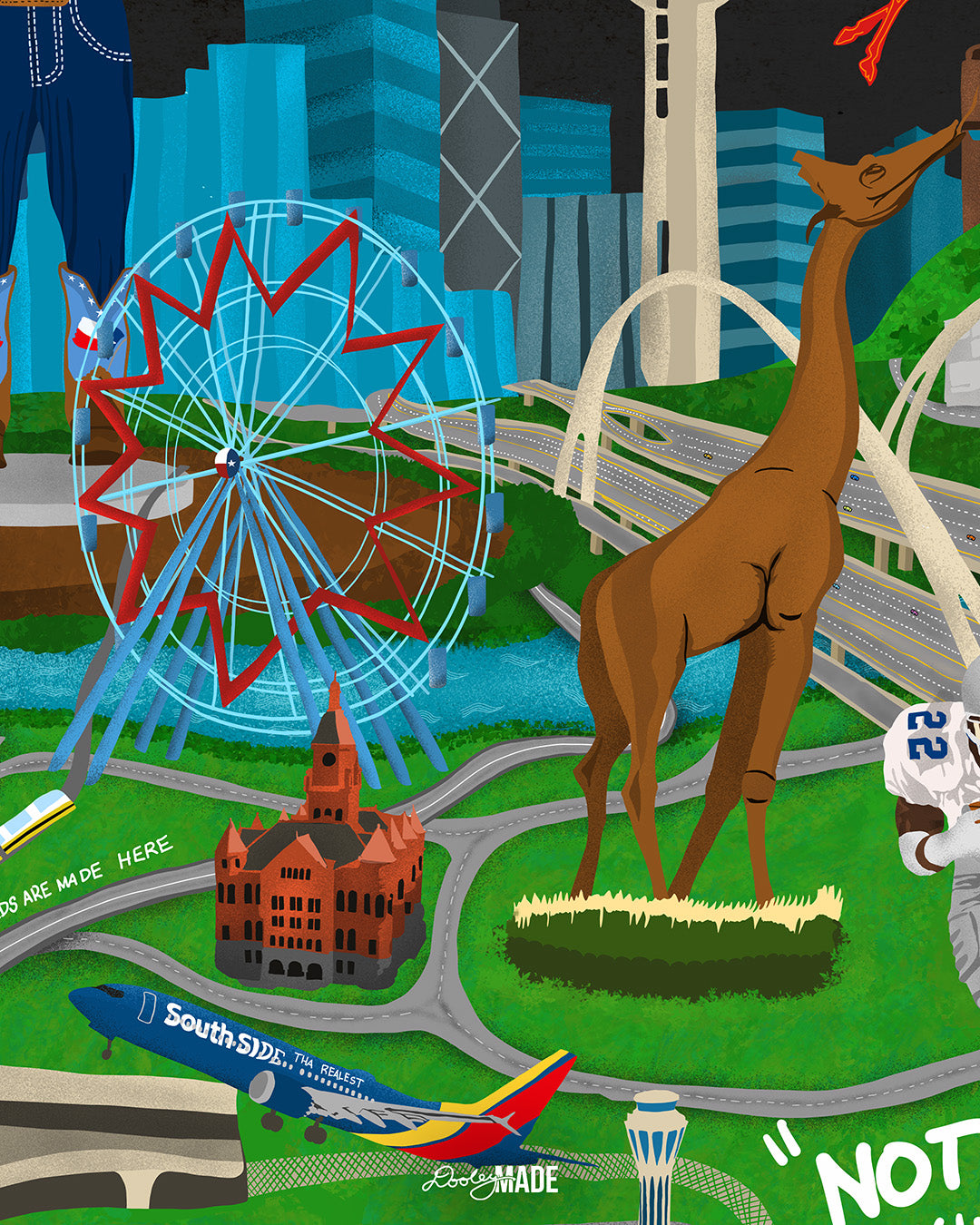 Illustration of a cityscape with a Ferris wheel, giraffe, and building, featuring text and graphics.
