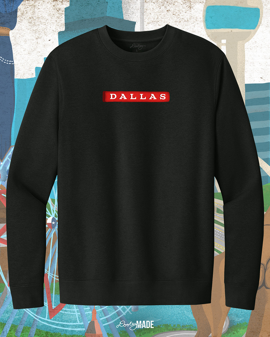 A Dallas themed crewneck sweater called "Dallas Love" with 'DALLAS' printed on the front and a colorful Dallas themed background.