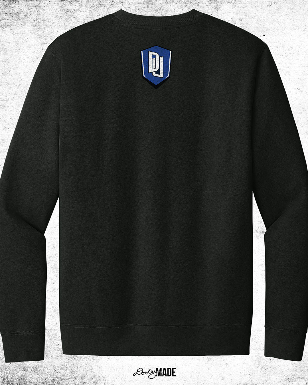Back of Dillard University crewneck sweater in black with DU logo on back. Celebrate HBCU Pride.