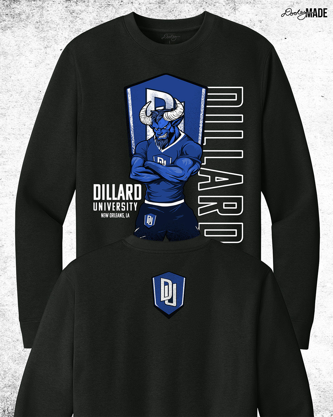 Dillard University crewneck sweater in black with DU logo and Bleu Devil mascot on front and back. Celebrate HBCU pride.