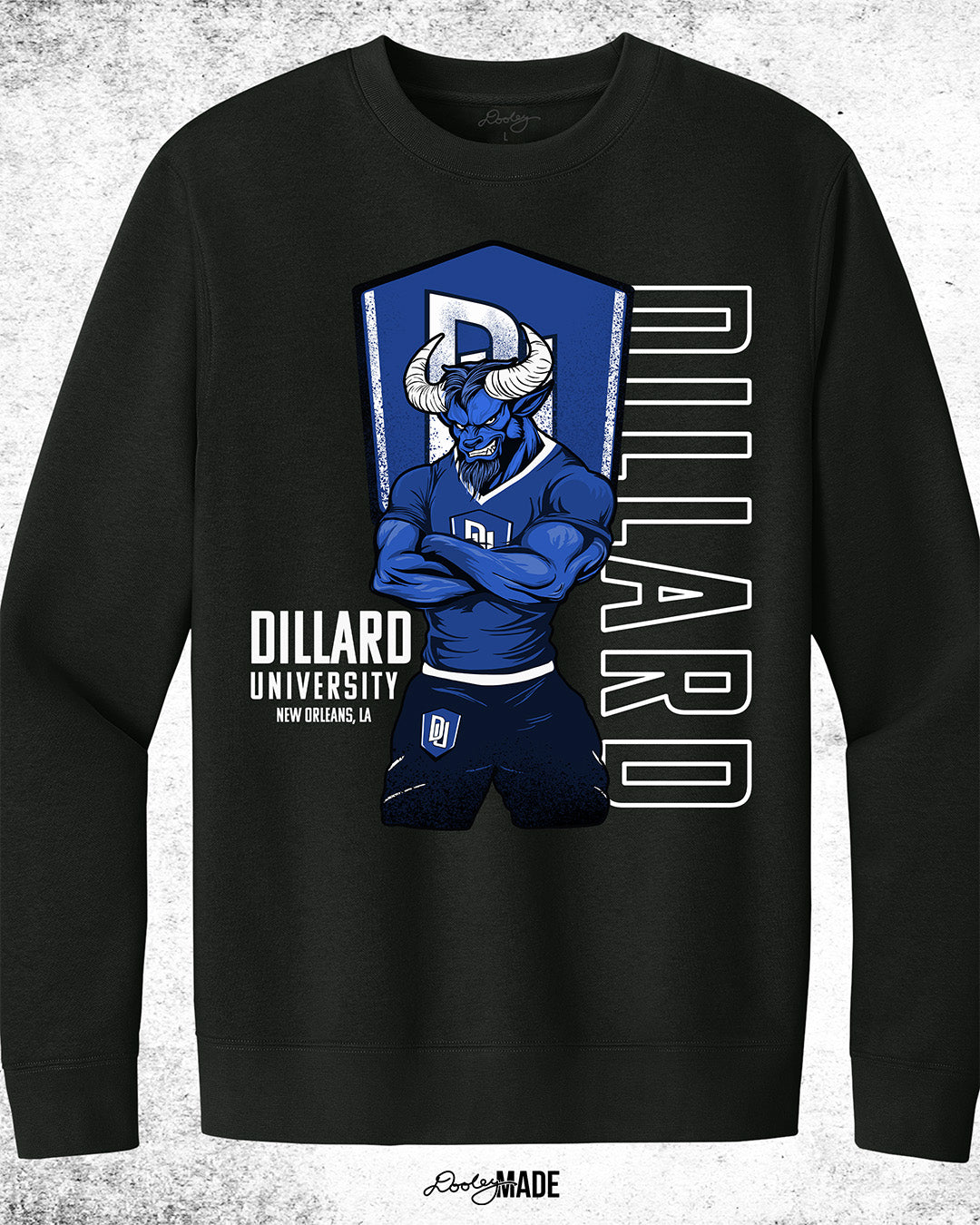 Dillard University crewneck sweater in Black with DU logo, Bleu Devil mascot, and text on front. Celebrate HBCU Pride.
