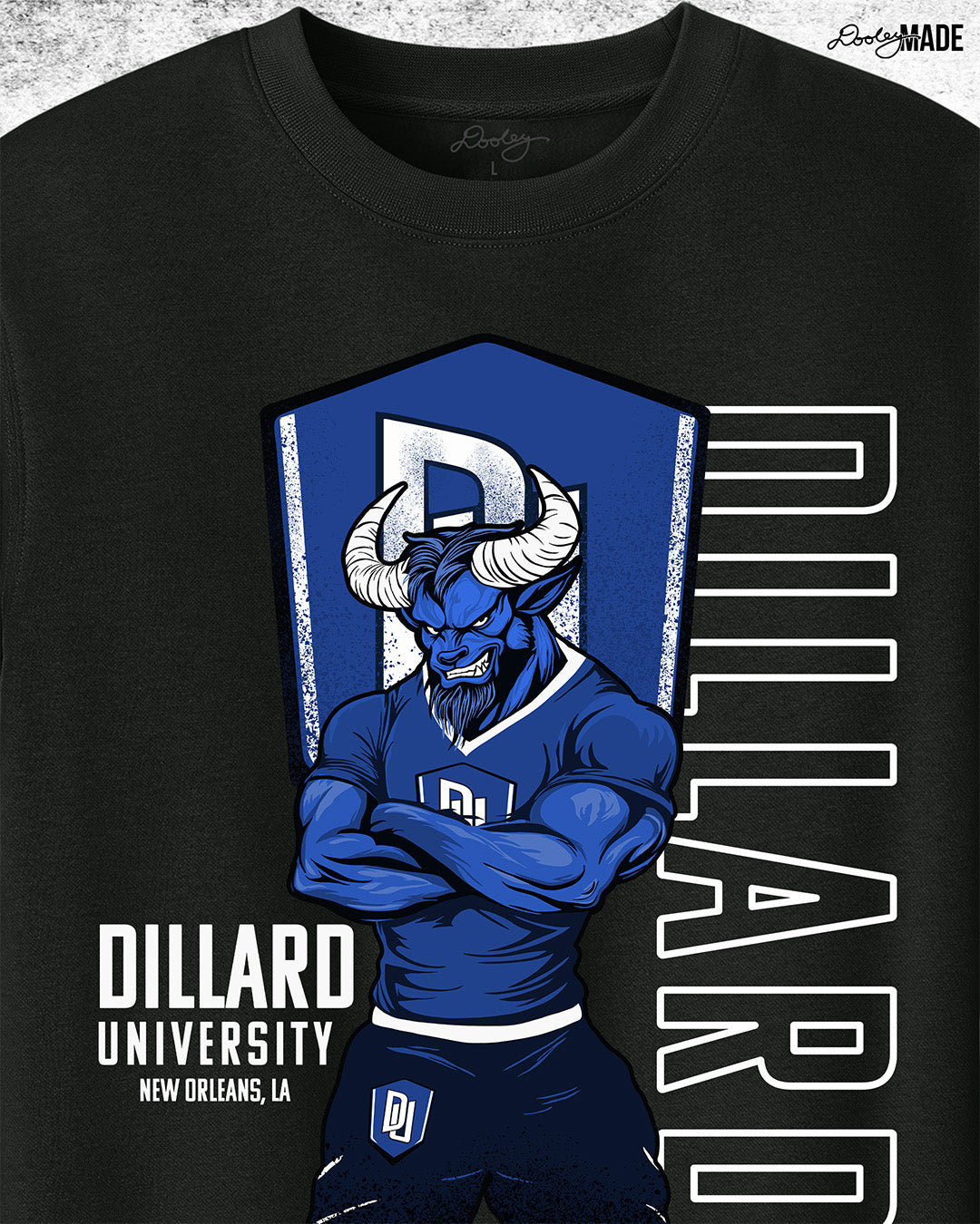 A zoomed Dillard University crewneck sweatshirt in black with Bleu Devil mascot, DU logo, and text on front. Celebrate HBCU Pride