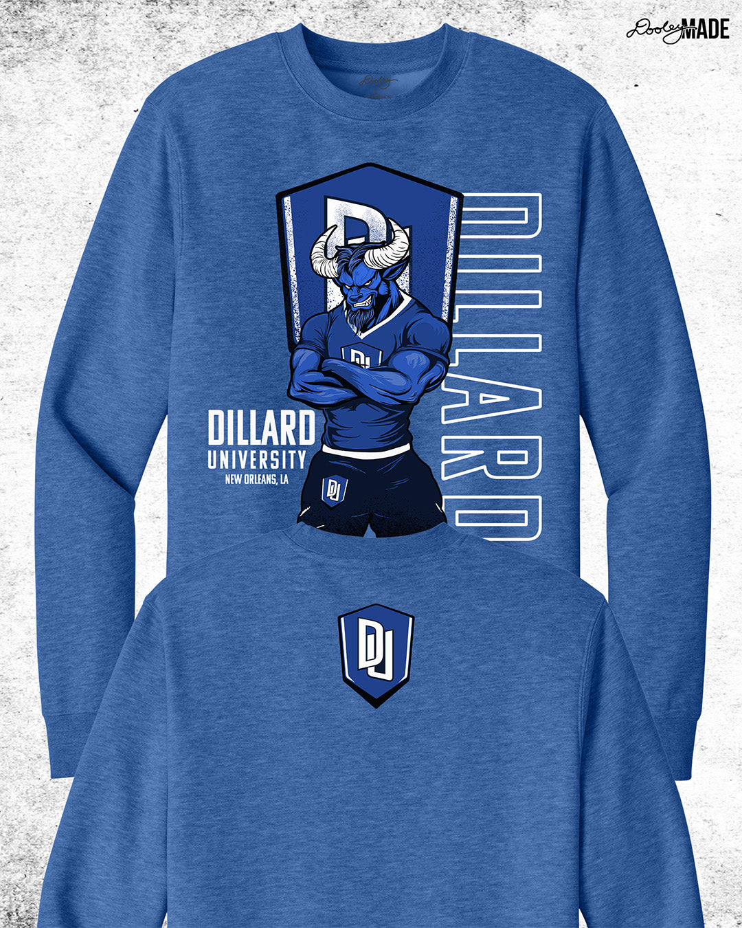 Dillard University crewneck sweater in Heather Royal Blue with DU logo and Bleu Devil mascot on front and back. Celebrate HBCU Pride.