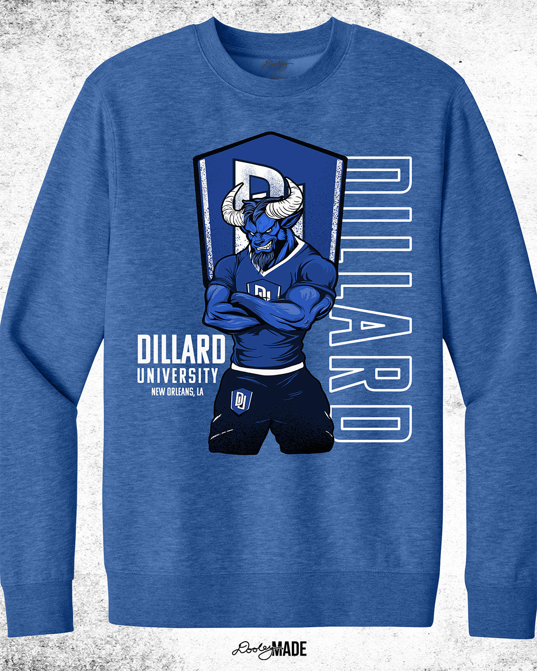 Dillard University crewneck sweater in heather royal blue with DU logo, Bleu Devil mascot, and text on front. Celebrate HBCU Pride.