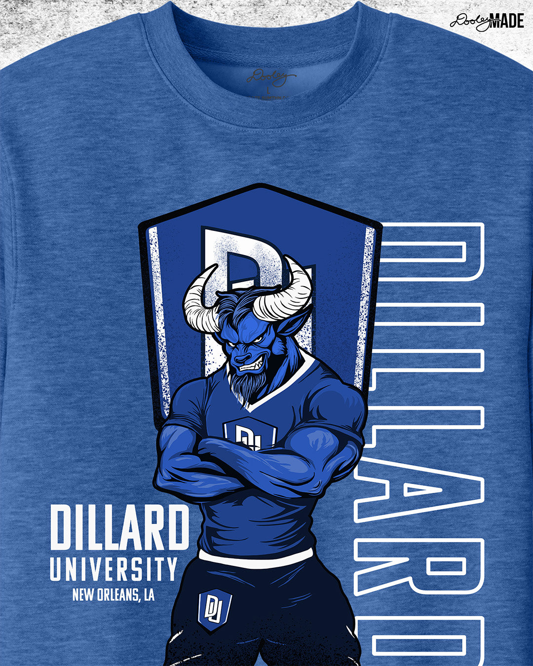 Zoomed Dillard University crewneck sweater in Heather Royal Blue with DU logo, Bleu Devil mascot, and text on front. Celebrate HBCU Pride.