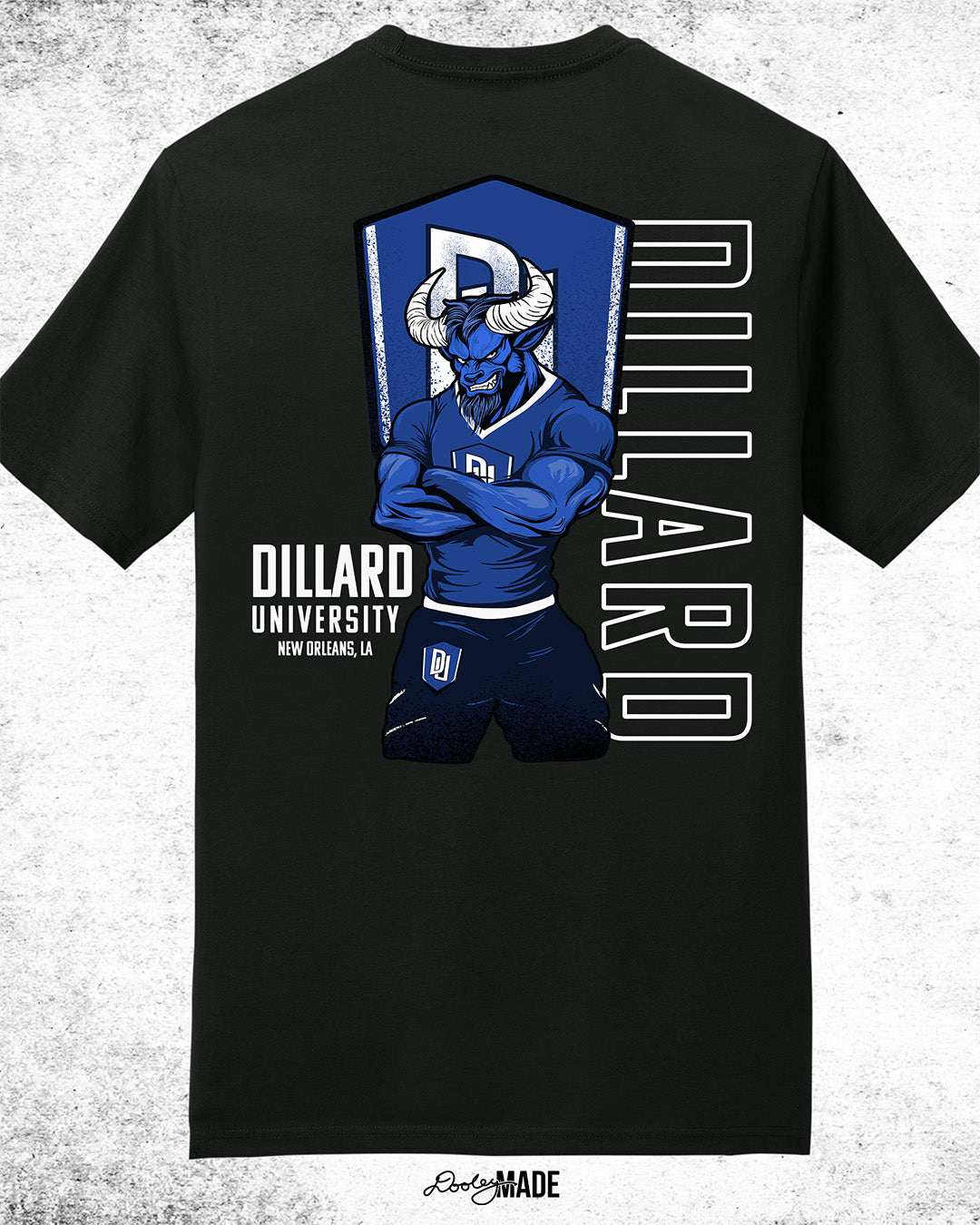 Dillard University graphic tee shirt in Black with DU logo, Bleu Devil mascot, and text on back. Celebrate HBCU Pride.