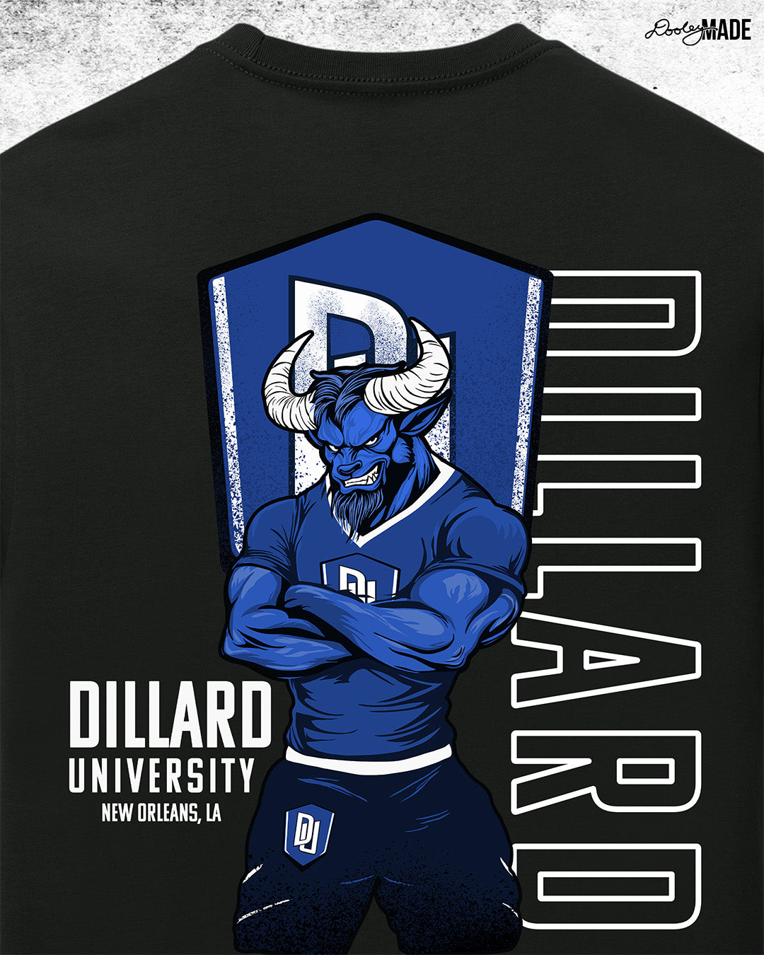 Zoomed in Dillard University graphic tee shirt in black with DU logo, Bleu Devil mascot, and text on back. Celebrate HBCU Pride.