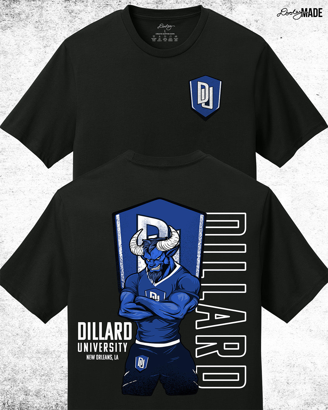 Custom Dillard University graphic tee shirt with DU logo on front and Bleu Devil mascot graphic on back. Celebrate HBCU Pride.