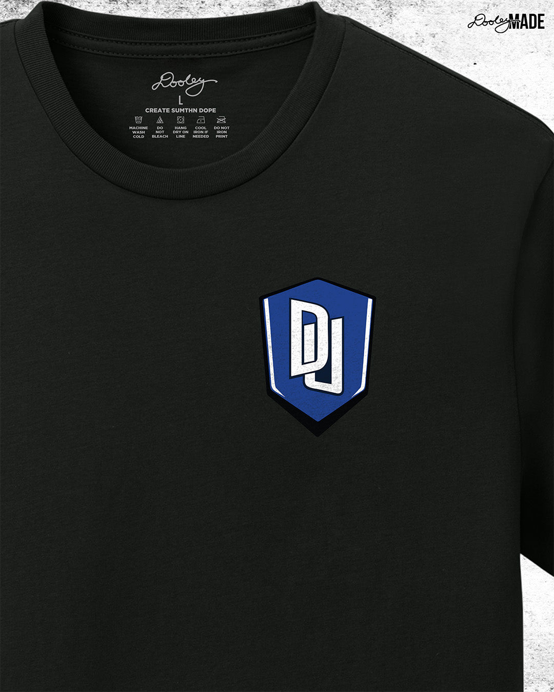 Zoomed in Custom Dillard University graphic tee shirt with DU logo on front left chest. Celebrate HBCU Pride.