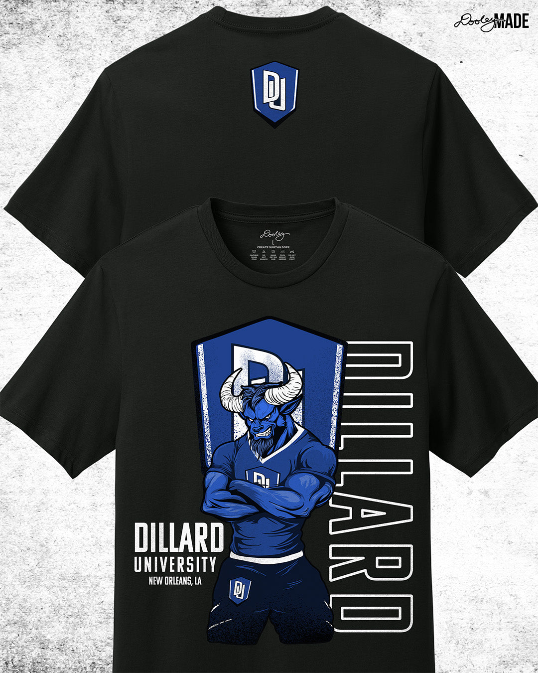 Custom Dillard University graphic tee shirt with DU logo and Bleu Devil mascot. Celebrate HBCU pride.
