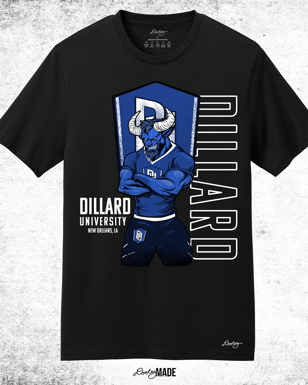 Dillard University graphic tee shirt in Black with DU logo, Bleu Devil mascot, and text on front. Celebrate HBCU Pride.