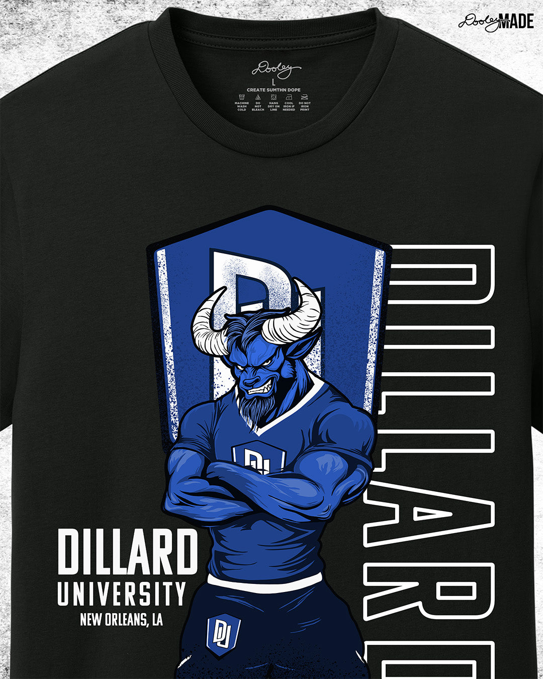 Zoomed Dillard University shirt in black with DU logo, Bleu Devil mascot, and text on front. Celebrate HBCU Pride.
