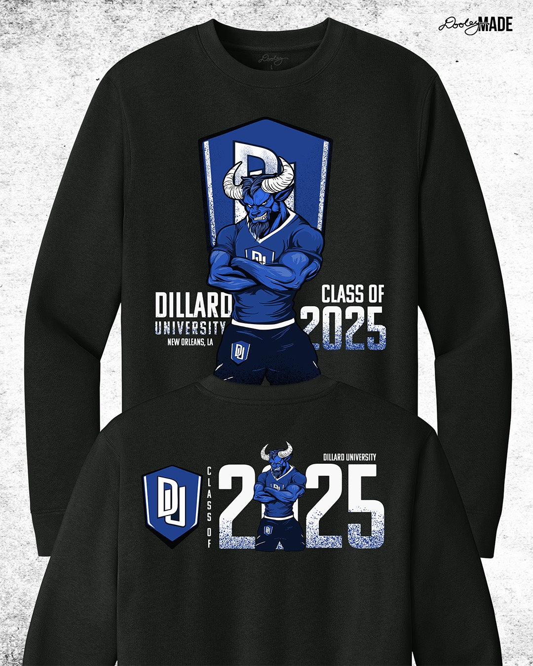 Dillard University Class of 2025 graduation crewneck sweater in black with DU logo and Bleu Devil mascot on front and back. Perfect for grads.