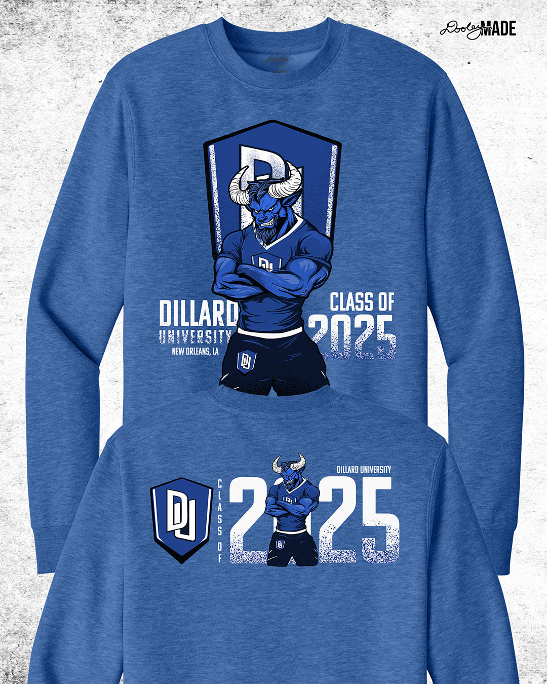 Dillard University Class of 2025 graduation crewneck sweater in Heather Royal Blue with DU logo and Bleu Devil mascot on front and back. Perfect for grads.