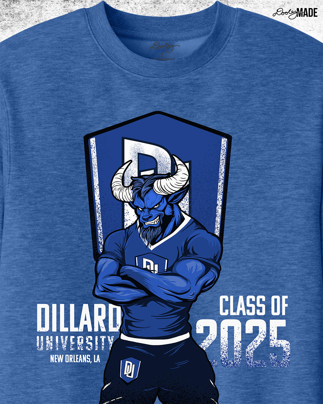 A zoomed Dillard University Class of 2025 graduation crewneck sweatshirt in heather royal blue with Bleu Devil mascot, DU logo, and text on front. Perfect for grads.