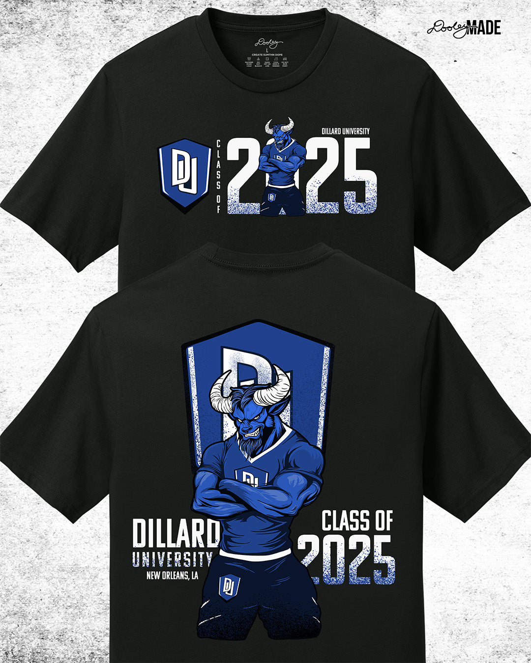 Custom Dillard University Class of 2025 graduation graphic tee shirt with DU logo and Bleu Devil mascot on front and back. Perfect for grads.