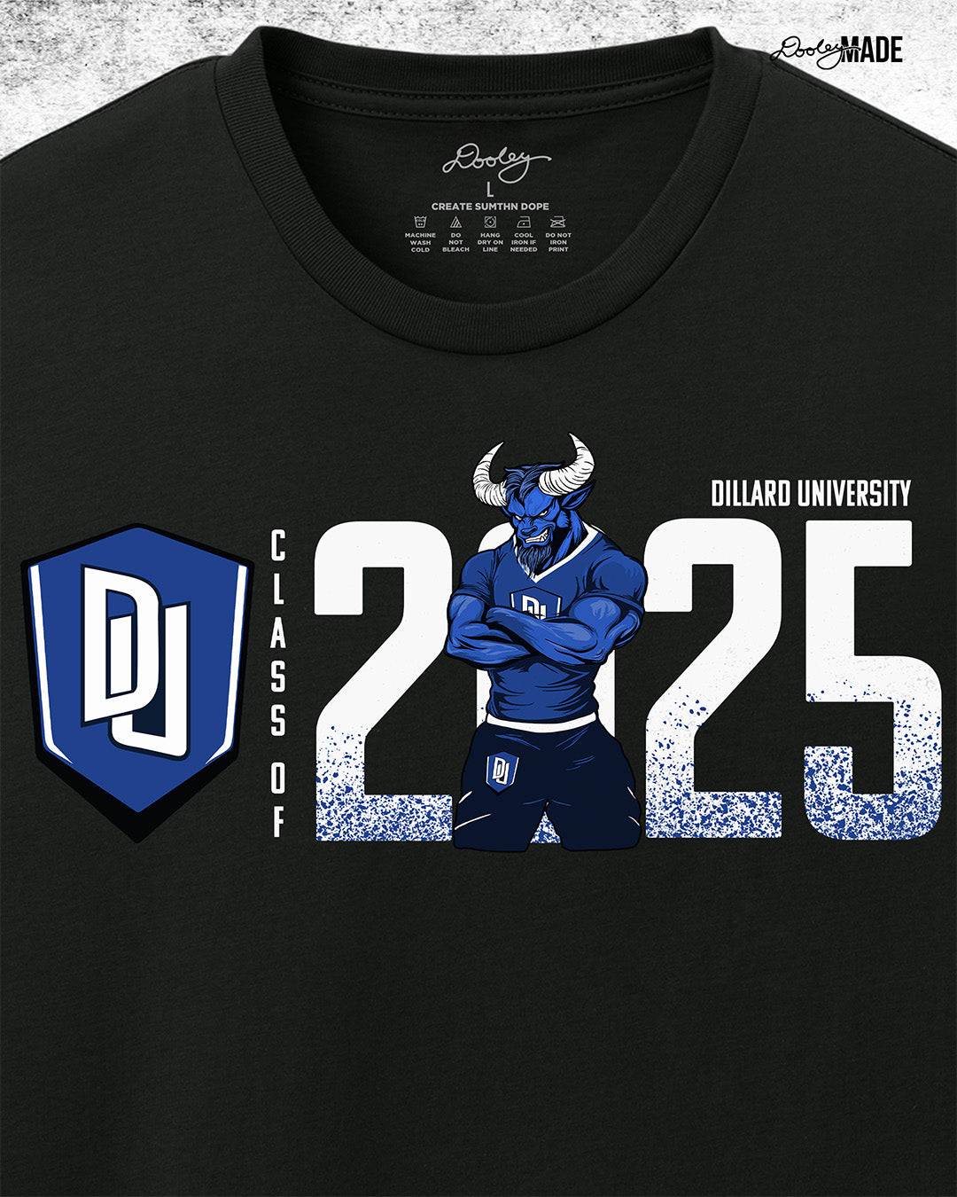 A zoomed Dillard University Class of 2025 graduation graphic tee shirt in black with DU logo, Bleu Devil mascot, and 2025, on the front. Perfect for grads.