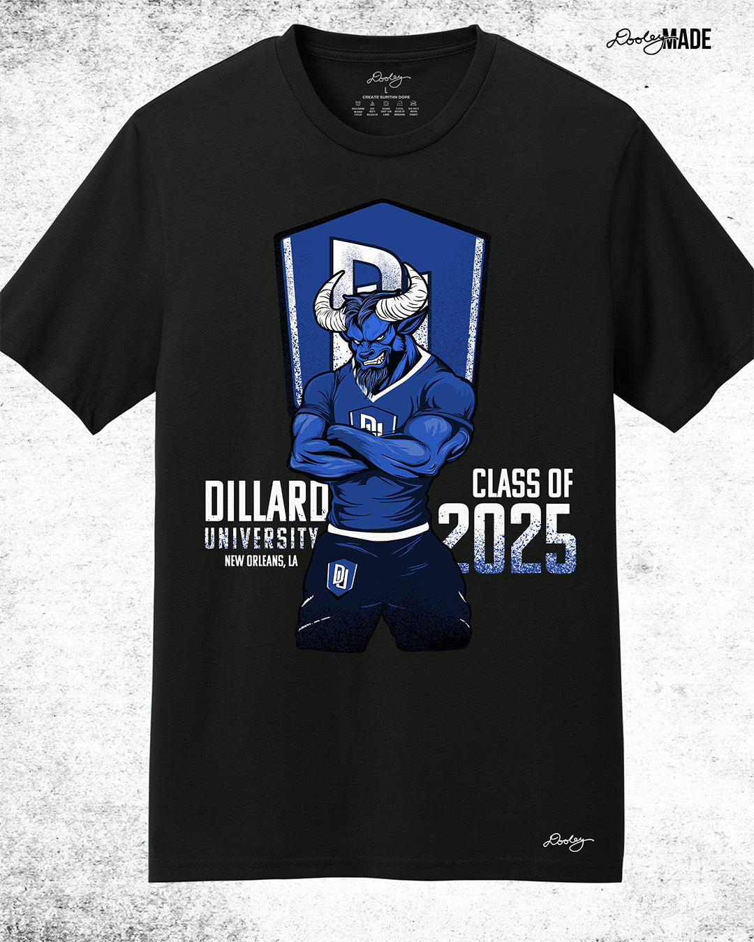 Dillard University Class of 2025 graduation graphic tee shirt in black with DU logo and Bleu Devil mascot on front. Perfect for grads.