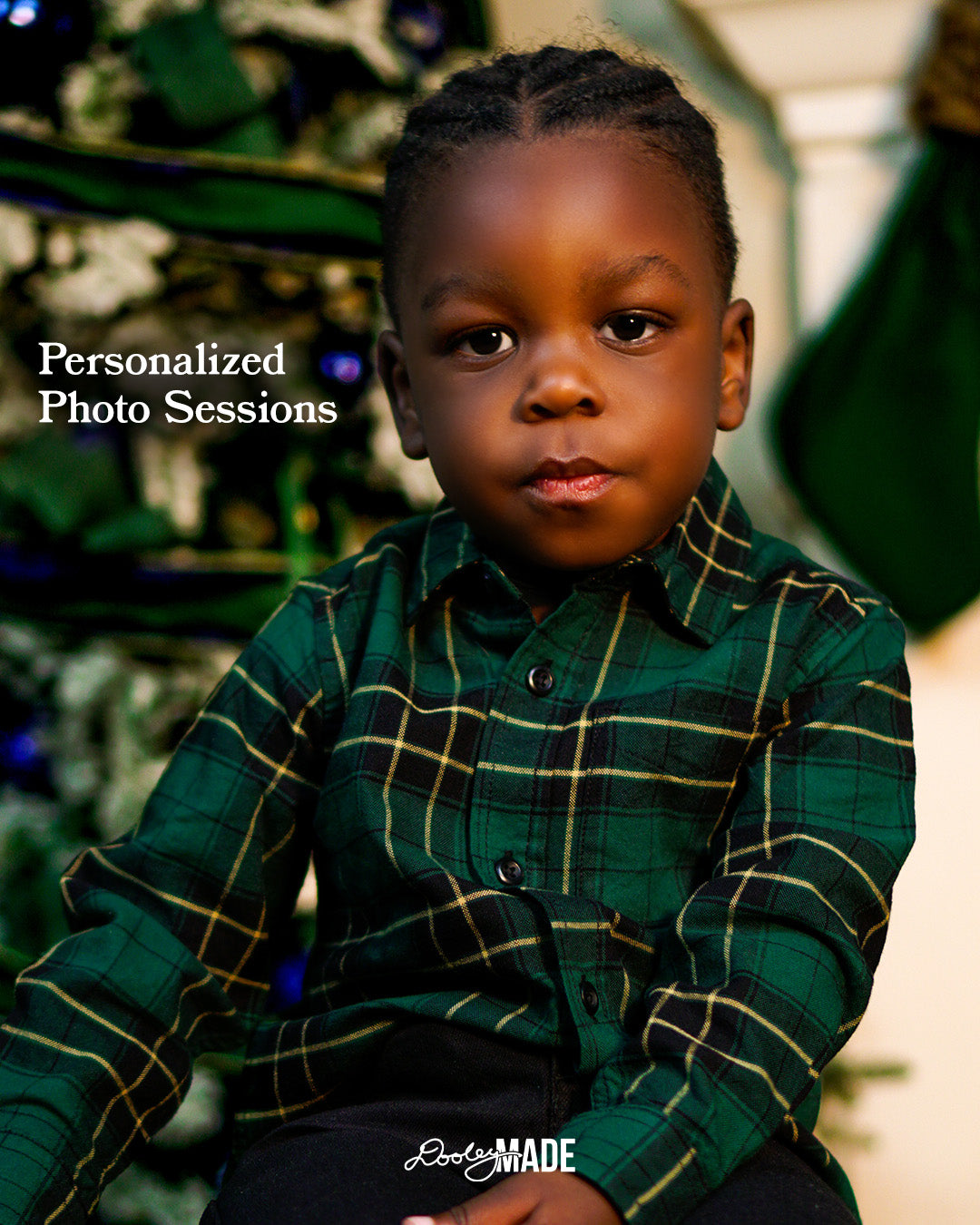 A brown skinned child wearing a green plaid shirt with 'Personalized Photo Sessions' text advertising Personalized Photo Sessions in the Dallas DFW Metroplex by Dooley Made.