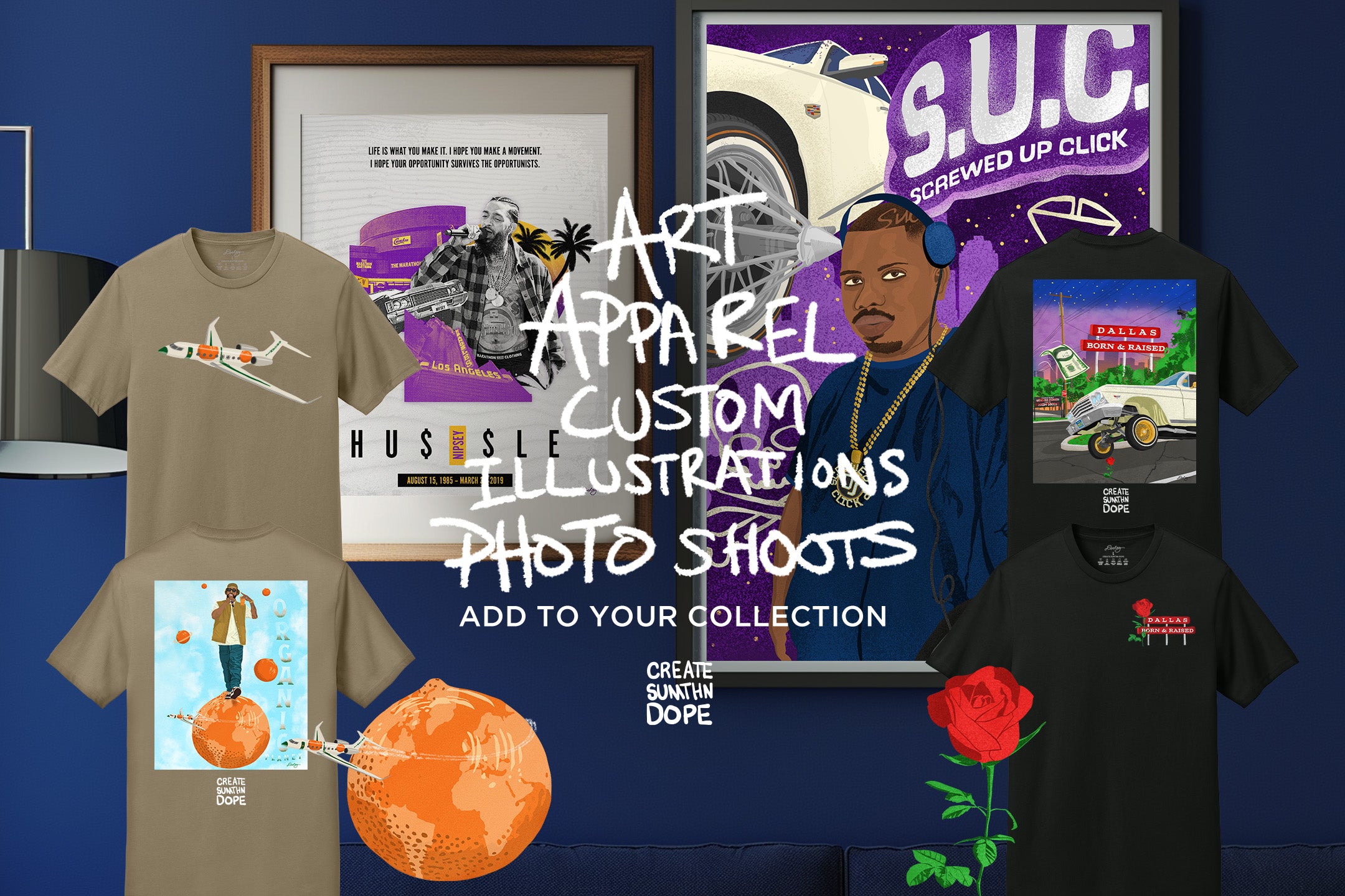 A website cover image for the Dooley Made website advertising Art, Apparel, Custom Illustrations, Photo Shoots, and accessories like Tumbler cups. Image shows graphic shirts and printed artwork framed and hung on a navy blue living room wall above a couch.