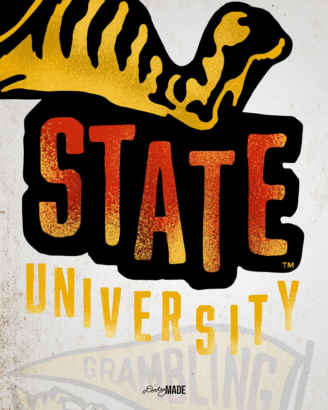This is an image of  a retro-style design celebrating Grambling State University. This zoomed imaged shows the distressed details of the words "State University" under a vintage Grambling State University tiger illustration.