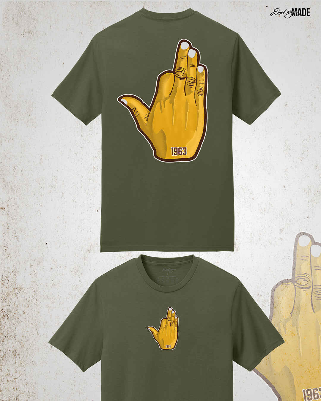 Image with front and back of a green Iota Phi Theta shirt with a large gold, brown, and white "Ow-Ow" hand sign with "1963" on the back and the same image smaller on the middle chest area on the front. Shirts are on a textured white background.