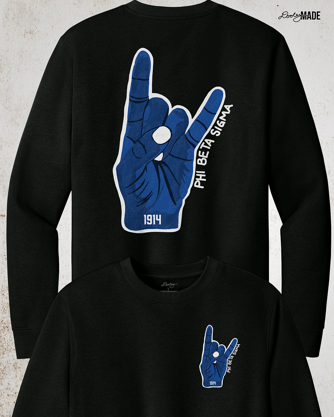 A premium black Phi Beta Sigma crewneck sweater featuring the Phi Beta Sigma hand sign in blue on the left chest and a oversized on the back with "Phi Beta Sigma" written in white on the right.
