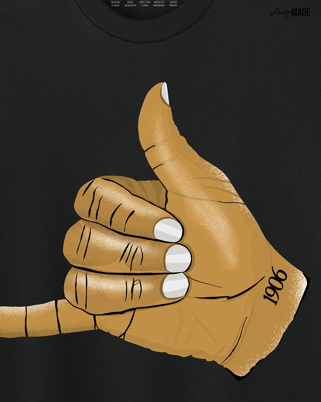 Black t-shirt with an old gold Alpha Phi Alpha Fraternity, Inc. "ICE" hand sign with "1906" text on the wrist. Zoomed in on shirt to show detail