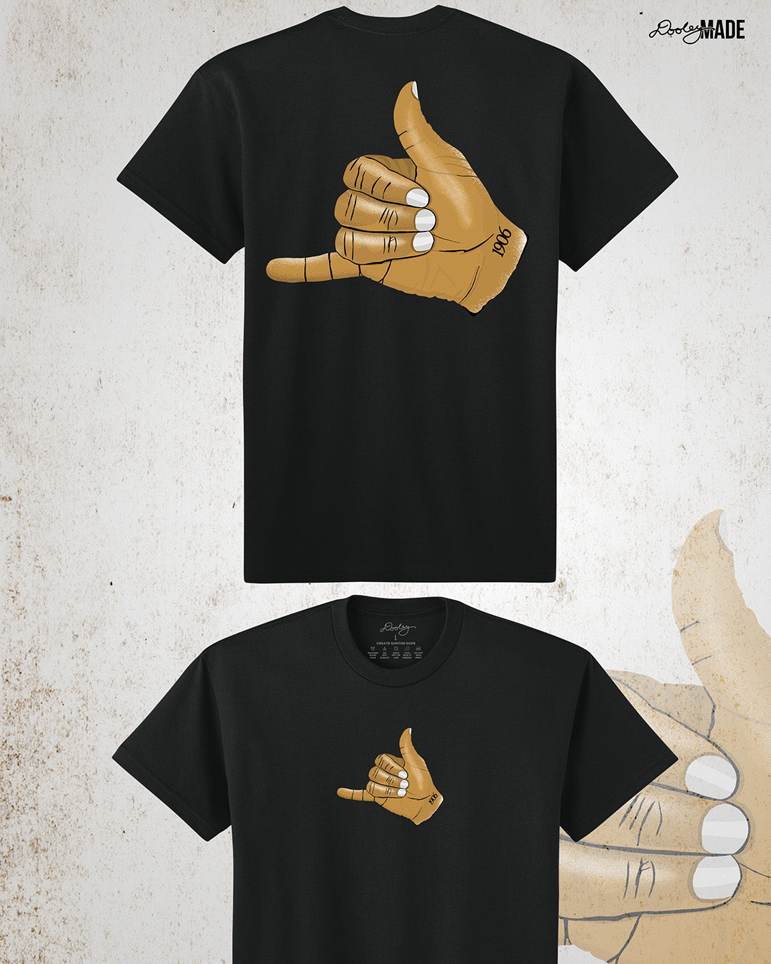 The front and back of a Black t-shirt with an old gold Alpha Phi Alpha Fraternity, Inc. "ICE" hand sign with "1906" text on the wrist. Image shows the design large on the back of the shirt and smaller on middle of the chest on the front.