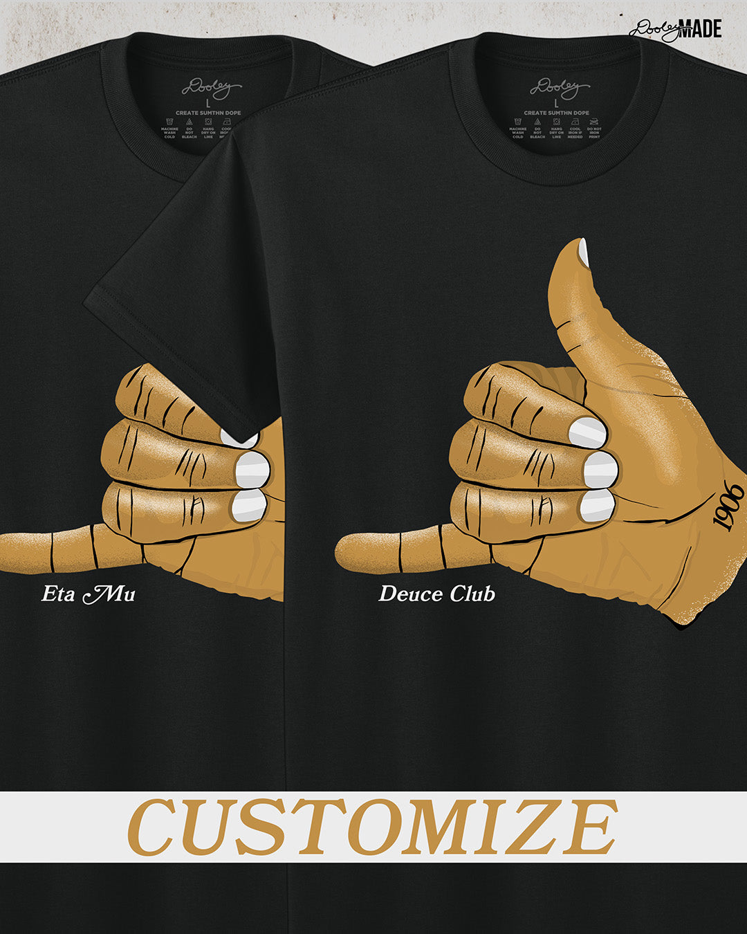 Image showing a 2 customizable Black t-shirt s with an old gold Alpha Phi Alpha Fraternity, Inc. "ICE" hand sign with "1906" text on the wrist. Image on grunge textured white background. The word "customize" is in a white banner at the bottom of image.